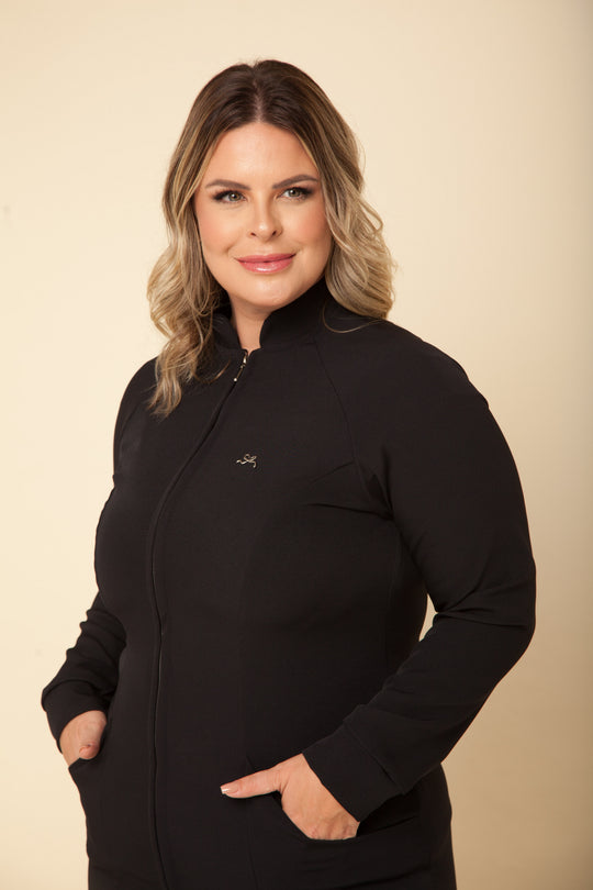 Jaleco  Preto Louise com Zíper o e Bolsos Funcionais