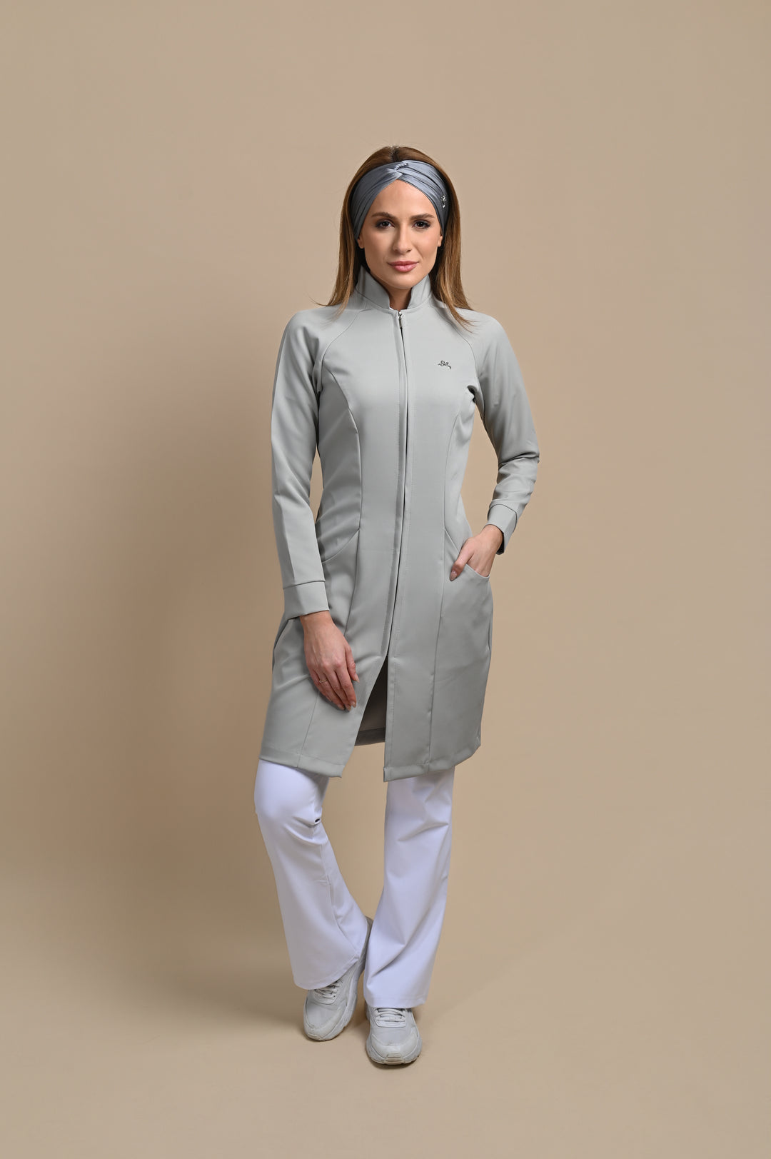 Jaleco Feminino Cinza Claro Manga Longa Louise | Jalecos Le Petit