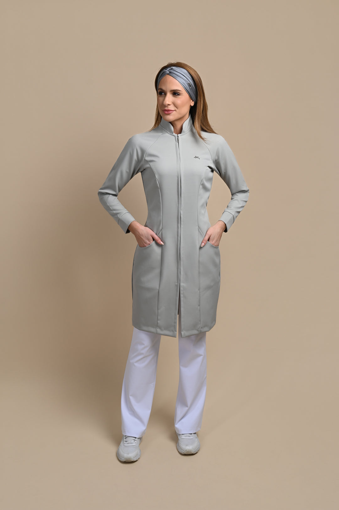 Jaleco Feminino Cinza Claro Manga Longa Louise | Jalecos Le Petit